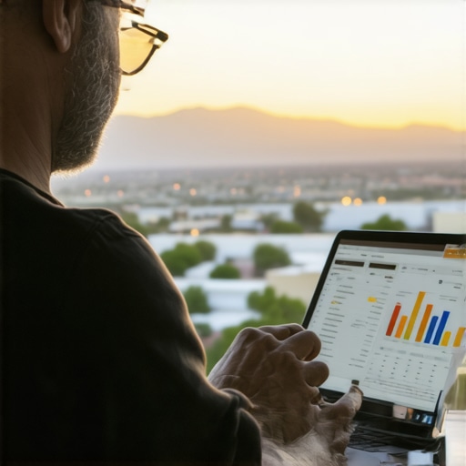 Analyzing Tucson Local SEO Data Business owner reviewing local SEO metrics with Tucson cityscape in background