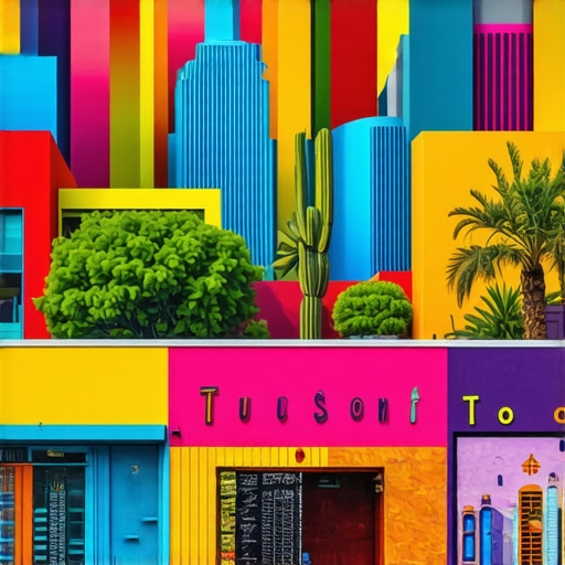 Vibrant Tucson Cityscape with Landmarks Colorful Tucson cityscape featuring landmarks and local storefronts, emphasizing community engagement.