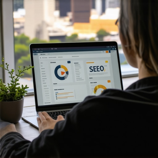 A person working on local SEO optimization tools with Tucson city view in background