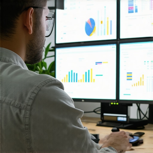 A person analyzing local SEO data on multiple monitors in a bright office