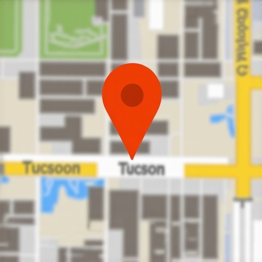 Bright Google Maps pin over Tucson city representing local business visibility.
