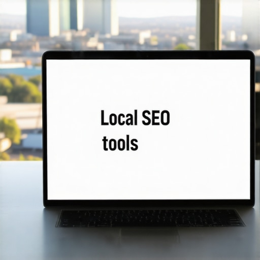 Laptop showing local SEO dashboard with Tucson skyline in background