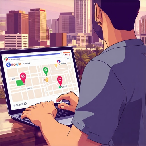Business owner updating Google Maps profile with Tucson city view.