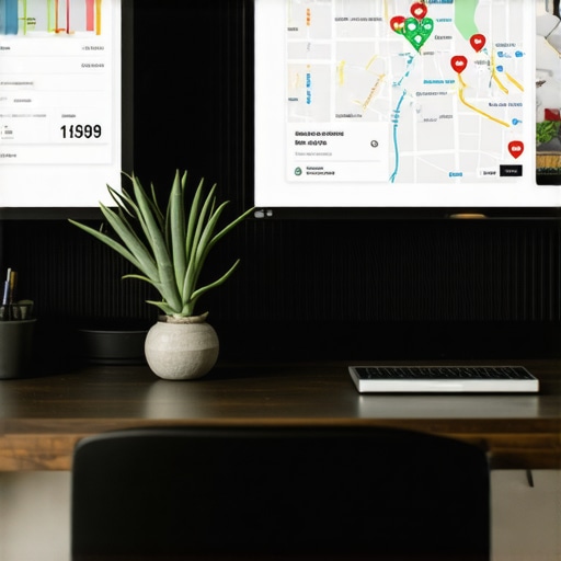 Laptop screen displaying SEO analytics and maps optimization tools