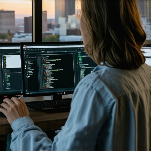 Person analyzing local SEO performance data on computer screens with Tucson cityscape