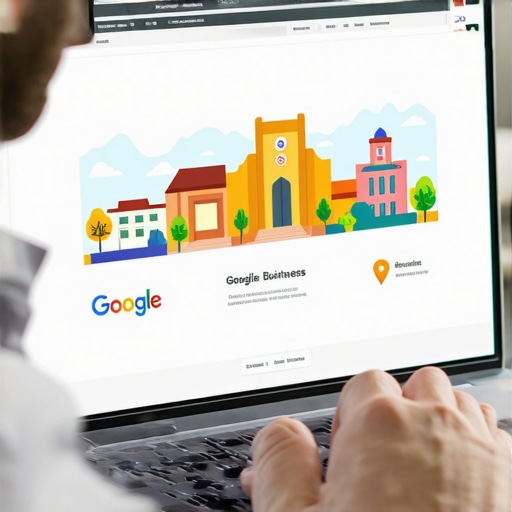 Person editing Tucson business profile on laptop with city landmarks