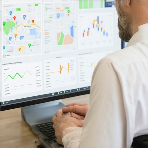 Business owner analyzing local SEO performance with maps and data charts.