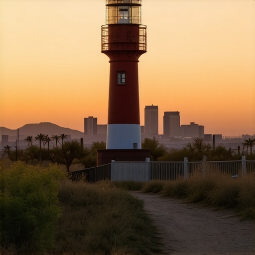 Sunset over Tucson city skyline with lighthouse