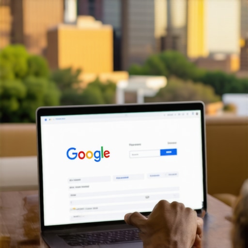 Person optimizing a Tucson Google Business Profile on laptop with local landmarks visible