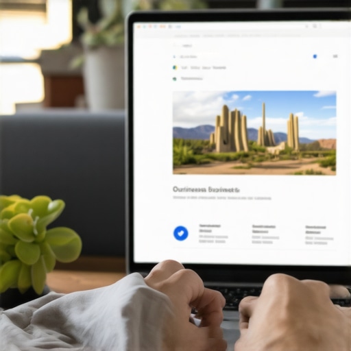 Person working on local SEO optimization for Tucson business using a laptop with city landmarks in background.
