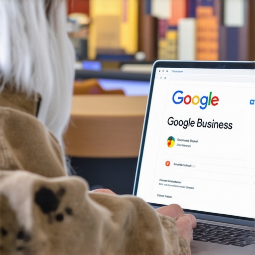 Person editing Google Business listing for Tucson location on laptop with city landmarks