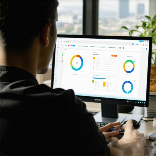 Person analyzing local SEO dashboards for Tucson businesses on a computer with Tucson cityscape in background.