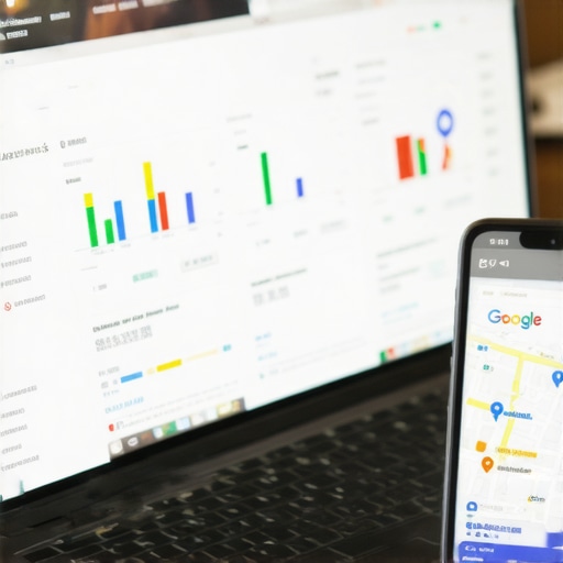 Laptop with SEO analytics and smartphone showing Tucson map to illustrate local SEO tools.