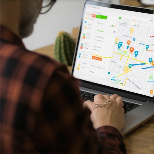 Business owner reviewing Tucson local SEO performance on laptop with city map and analytics.
