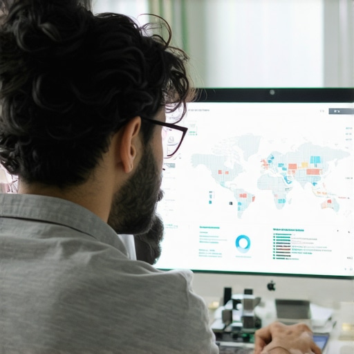 A person analyzing local SEO data on computer screens with maps and graphs.