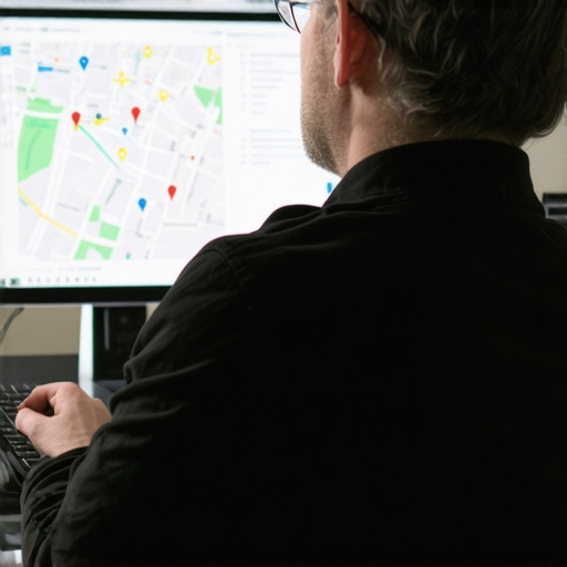 Business owner reviewing local SEO and map rankings on a laptop with Tucson skyline in background