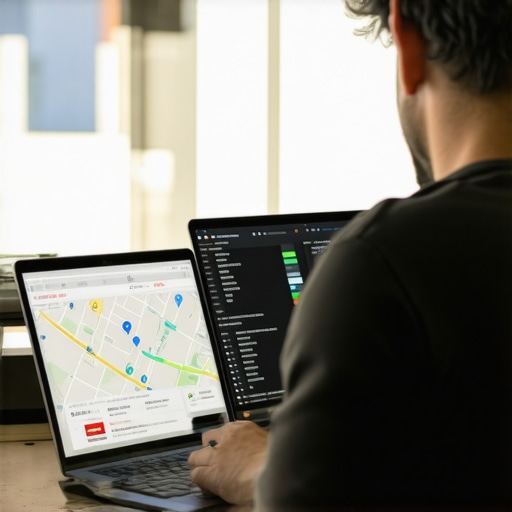 Business owner analyzing maps and local search analytics on a laptop